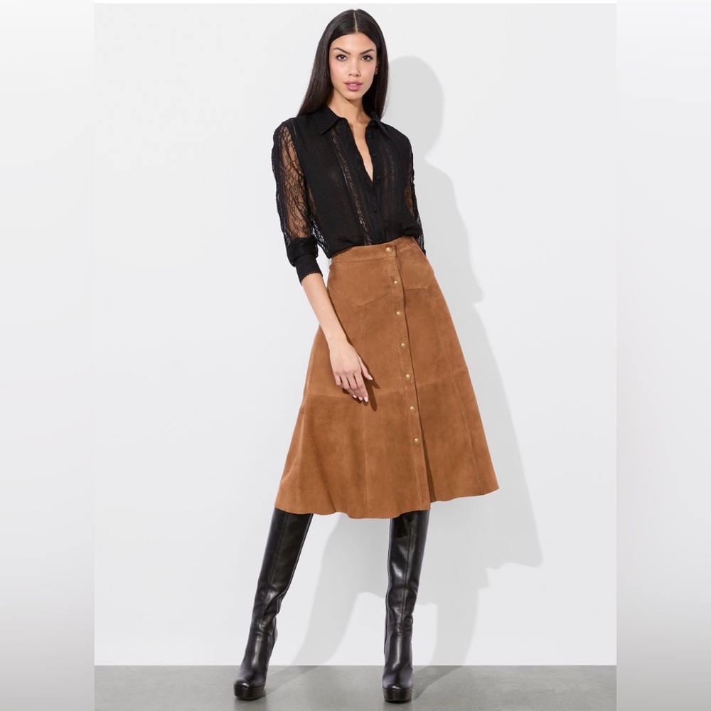 Alice + Olivia Calica Suede Camel Skirt Button-Front A-Line Lambskin - Picture 3 of 9